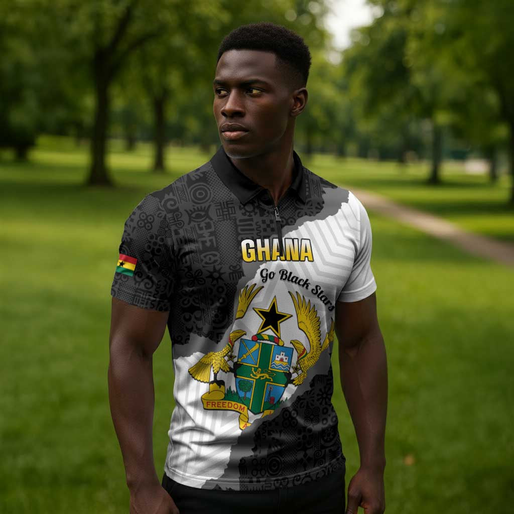 Custom Ghana Football Zipper Polo Shirt 2026 Go Black Stars Black Adinkra Pattern - Wonder Print Shop