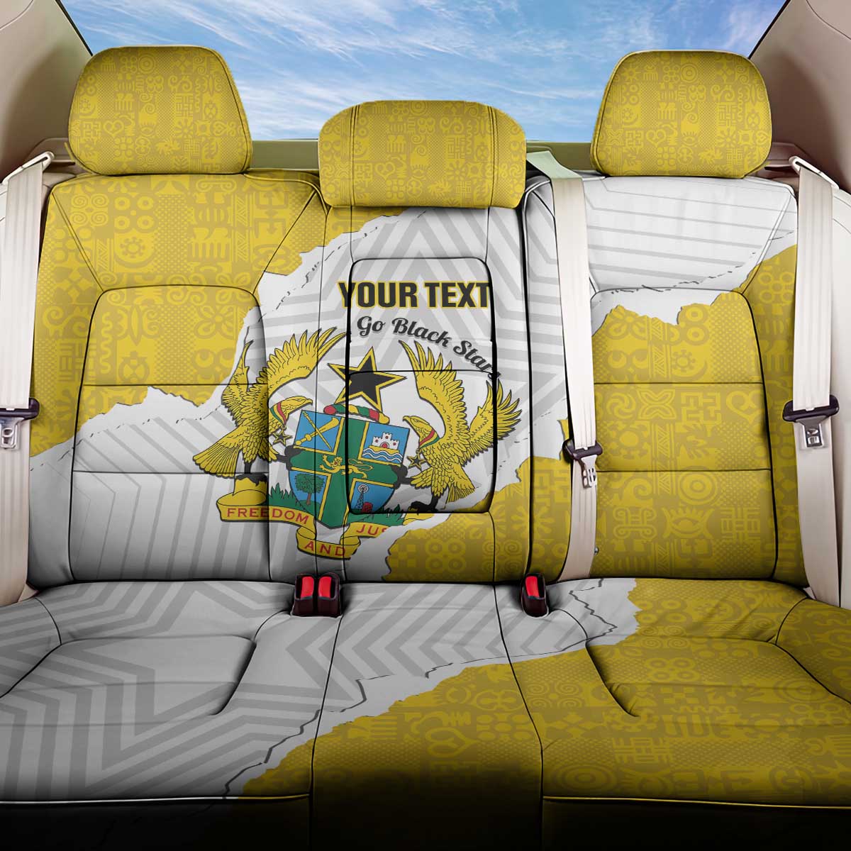 Custom Ghana Football Back Car Seat Cover 2026 Go Black Stars Yellow Adinkra Pattern - Wonder Print Shop