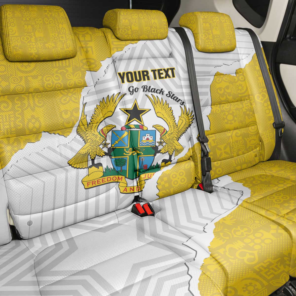 Custom Ghana Football Back Car Seat Cover 2026 Go Black Stars Yellow Adinkra Pattern - Wonder Print Shop