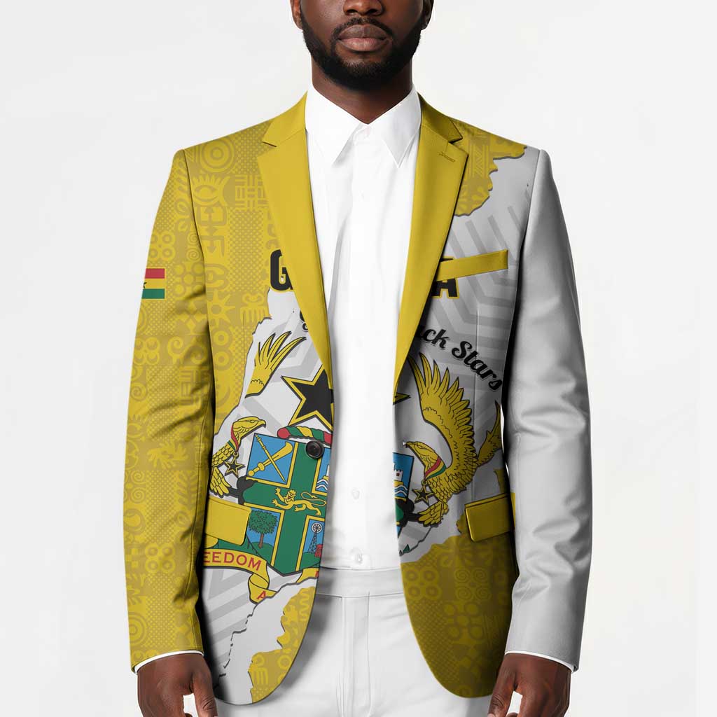 Custom Ghana Football Blazer 2026 Go Black Stars Yellow Adinkra Pattern - Wonder Print Shop