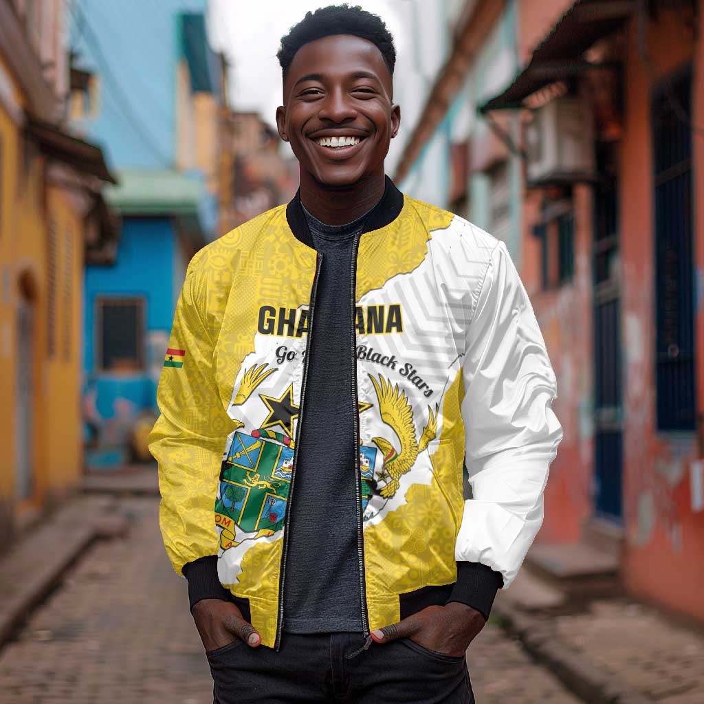 Custom Ghana Football Bomber Jacket 2026 Go Black Stars Yellow Adinkra Pattern - Wonder Print Shop