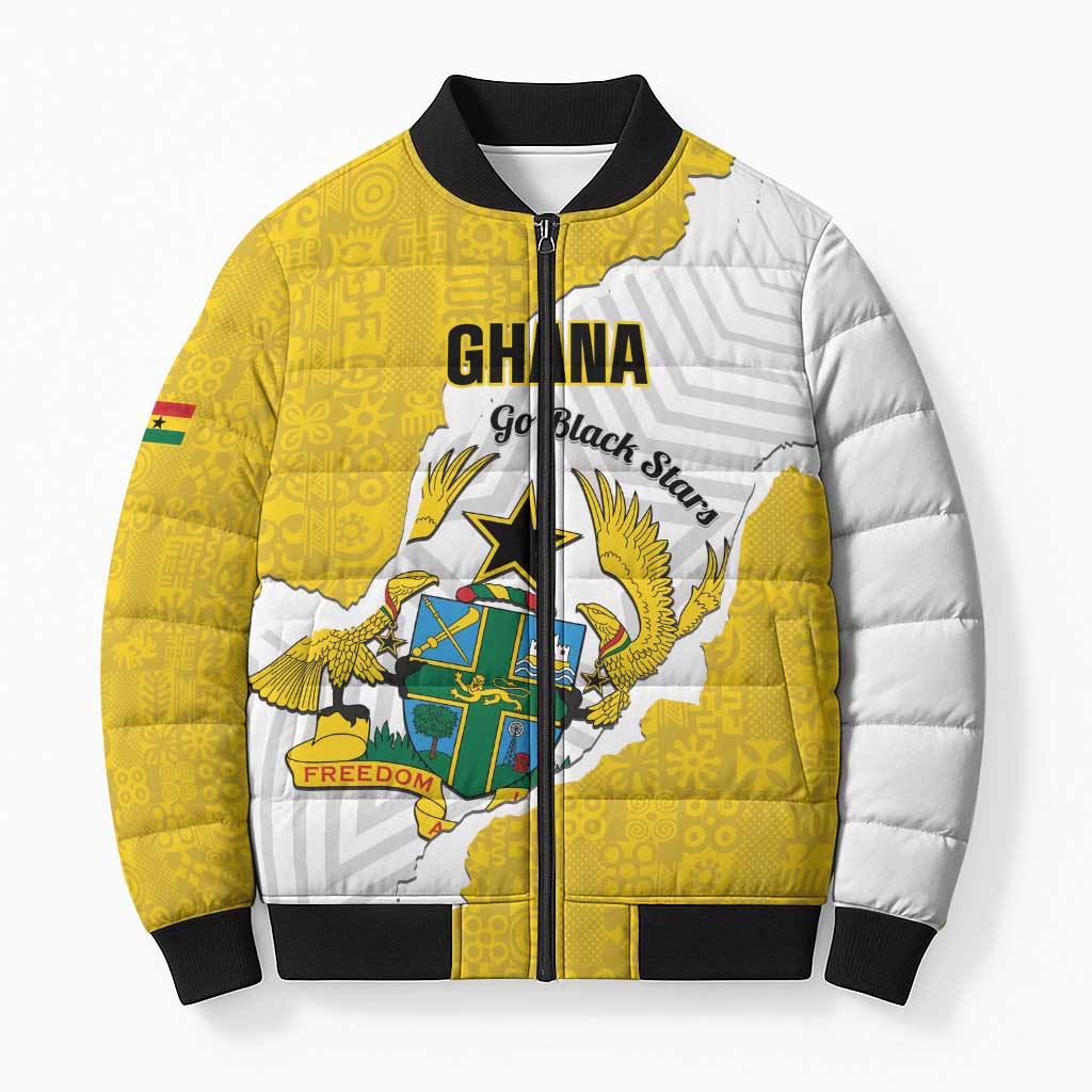 Custom Ghana Football Bomber Puffer Jacket 2026 Go Black Stars Yellow Adinkra Pattern - Wonder Print Shop