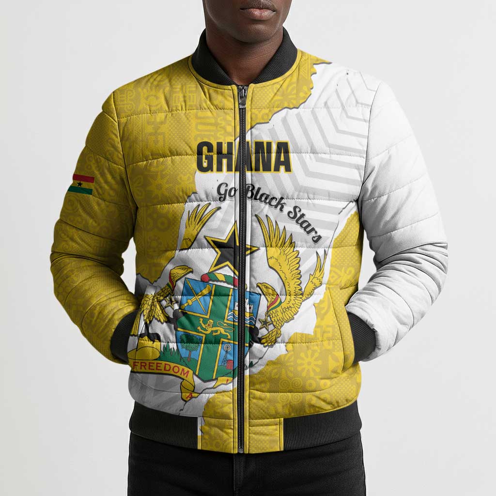 Custom Ghana Football Bomber Puffer Jacket 2026 Go Black Stars Yellow Adinkra Pattern - Wonder Print Shop