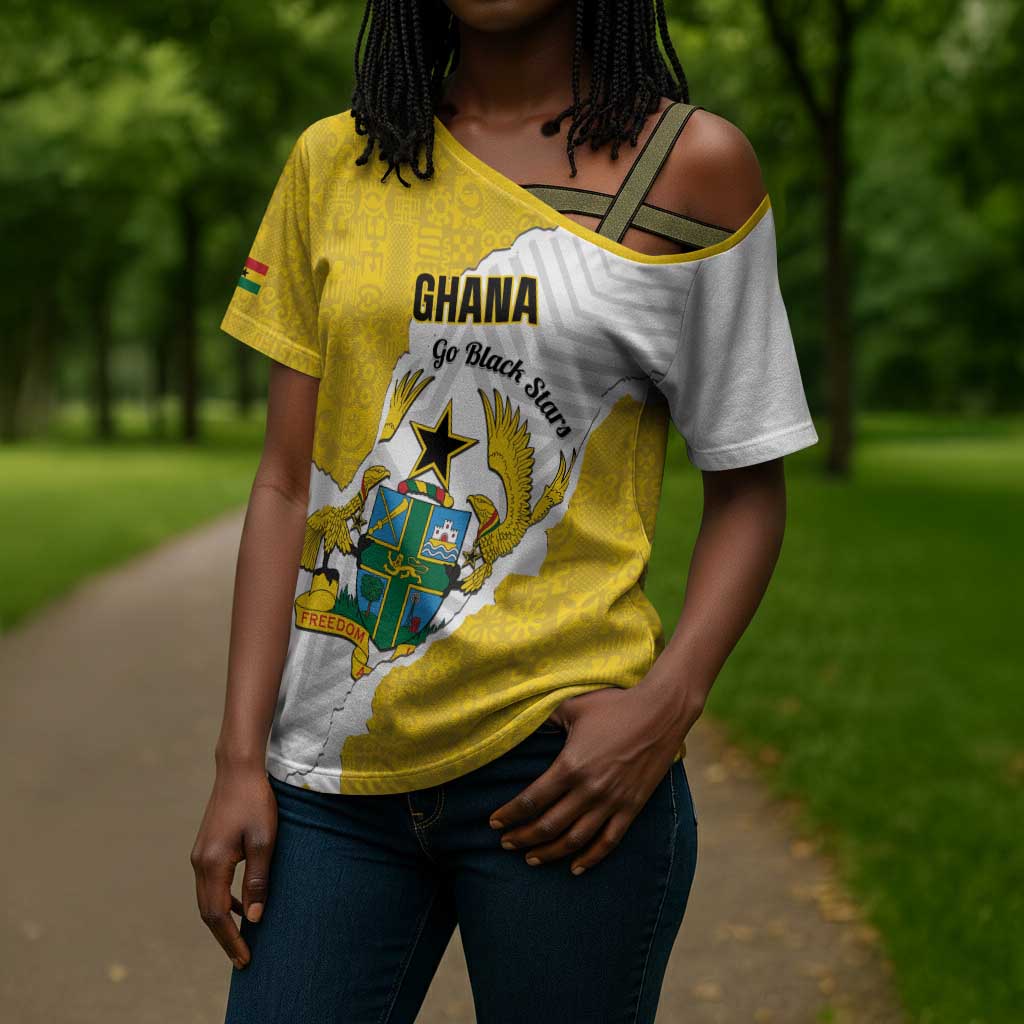 Custom Ghana Football Cross Shoulder Shirt 2026 Go Black Stars Yellow Adinkra Pattern - Wonder Print Shop