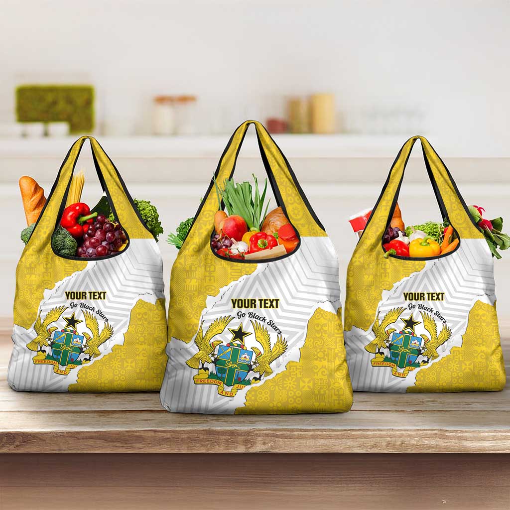 Custom Ghana Football Grocery Bag 2026 Go Black Stars Yellow Adinkra Pattern - Wonder Print Shop