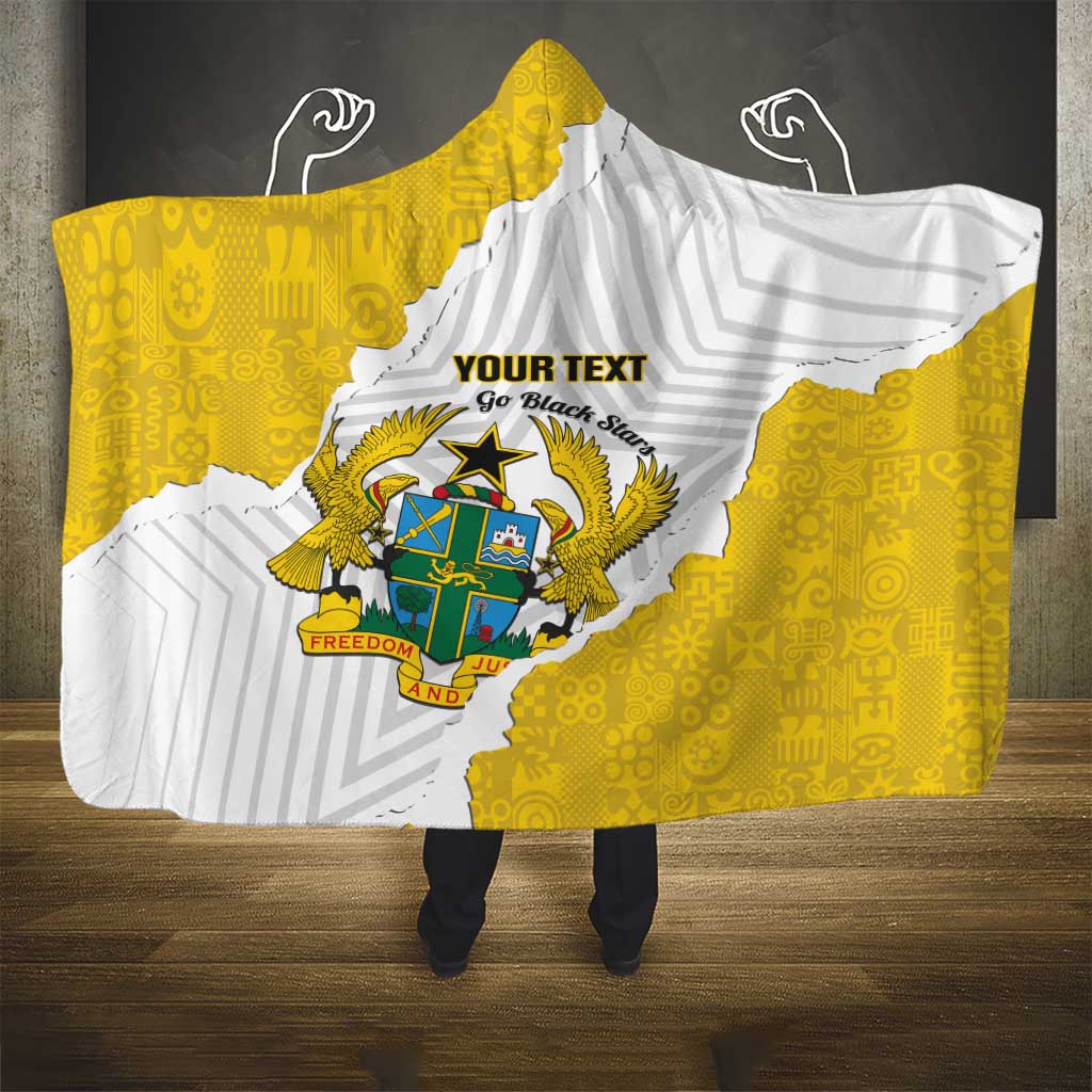 Custom Ghana Football Hooded Blanket 2026 Go Black Stars Yellow Adinkra Pattern - Wonder Print Shop