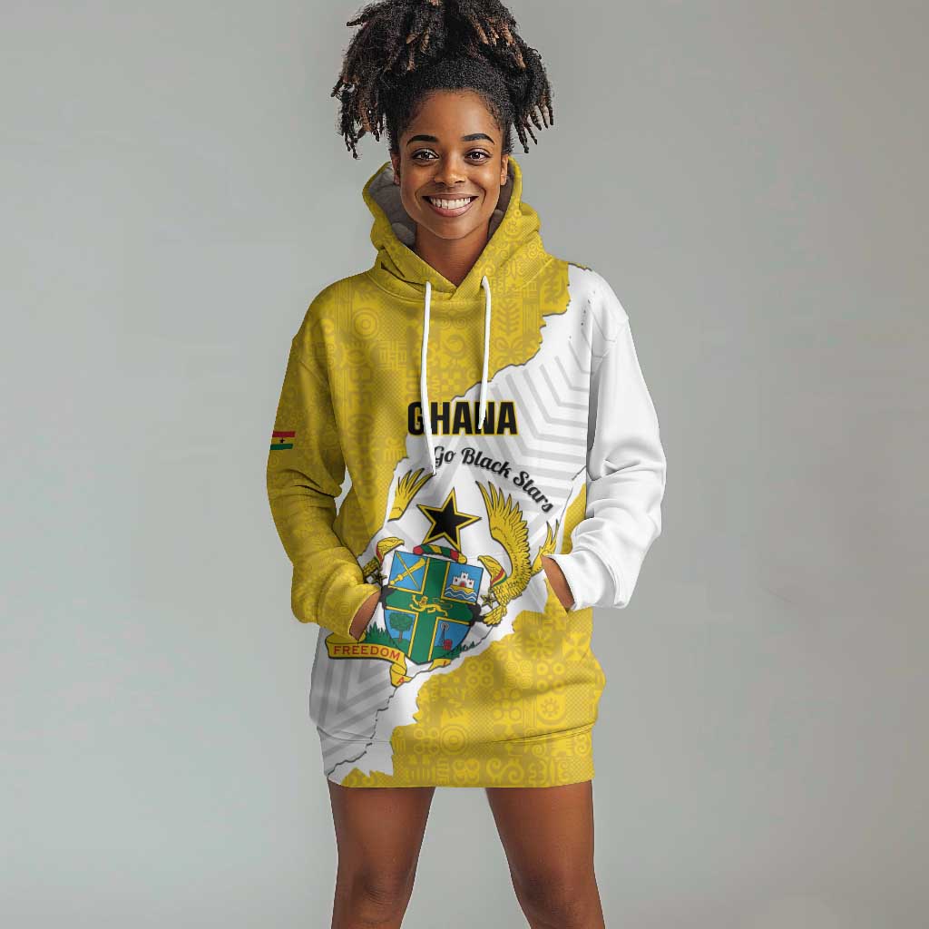 Custom Ghana Football Hoodie Dress 2026 Go Black Stars Yellow Adinkra Pattern - Wonder Print Shop