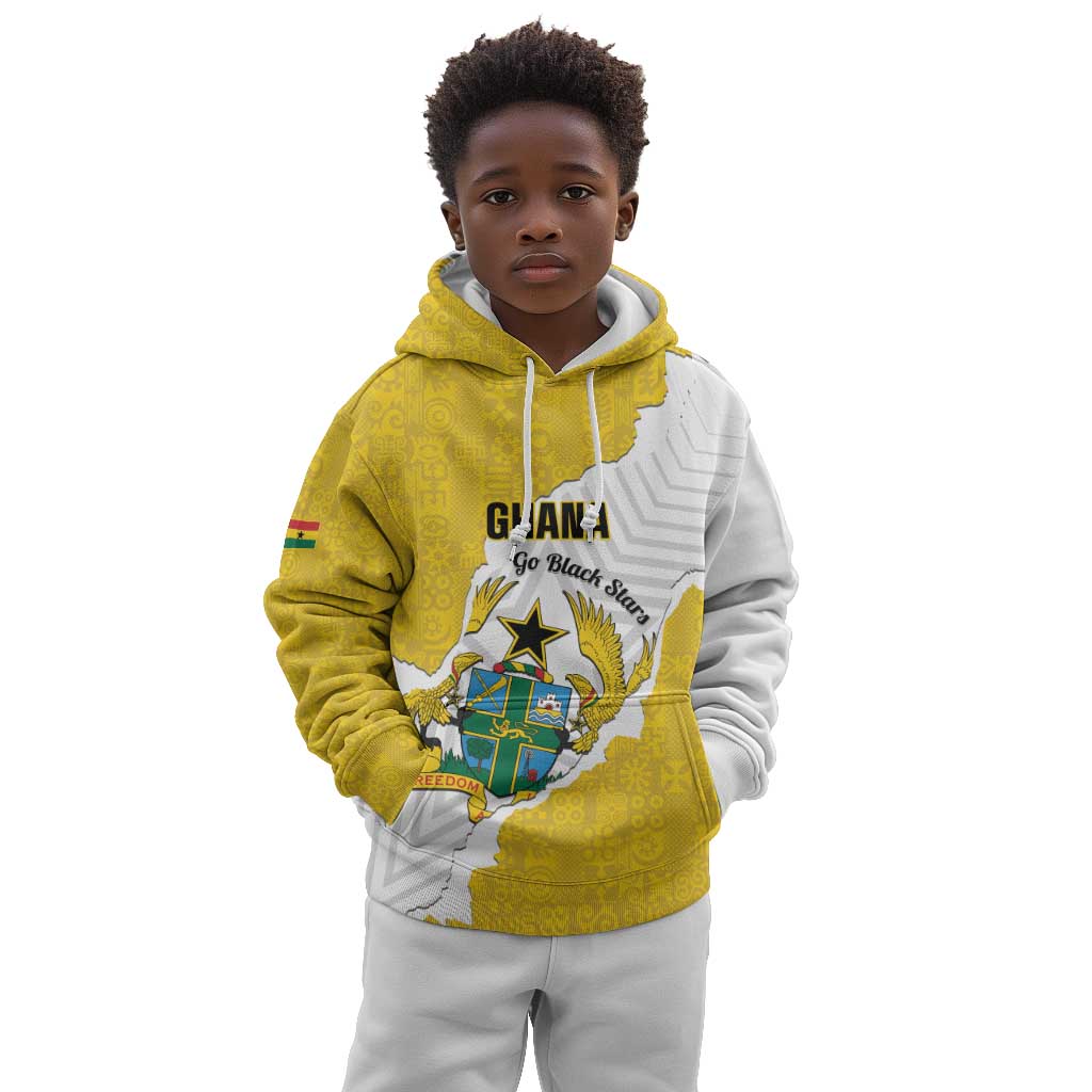 Custom Ghana Football Kid Hoodie 2026 Go Black Stars Yellow Adinkra Pattern - Wonder Print Shop