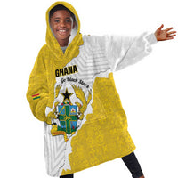 Custom Ghana Football Kid Wearable Blanket Hoodie 2026 Go Black Stars Yellow Adinkra Pattern - Wonder Print Shop