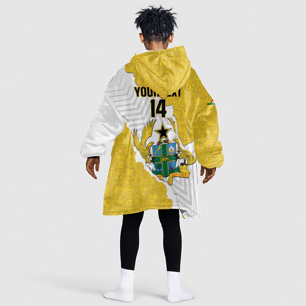 Custom Ghana Football Kid Wearable Blanket Hoodie 2026 Go Black Stars Yellow Adinkra Pattern - Wonder Print Shop