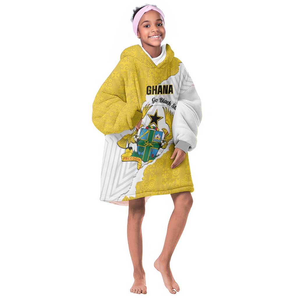 Custom Ghana Football Kid Wearable Blanket Hoodie 2026 Go Black Stars Yellow Adinkra Pattern - Wonder Print Shop