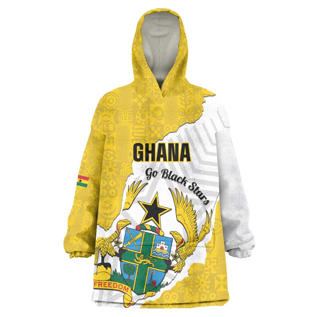 Custom Ghana Football Kid Wearable Blanket Hoodie 2026 Go Black Stars Yellow Adinkra Pattern - Wonder Print Shop