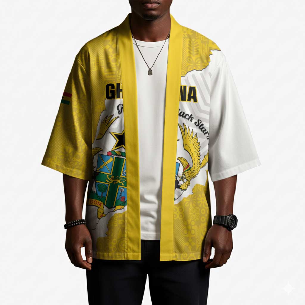 Custom Ghana Football Kimono 2026 Go Black Stars Yellow Adinkra Pattern - Wonder Print Shop