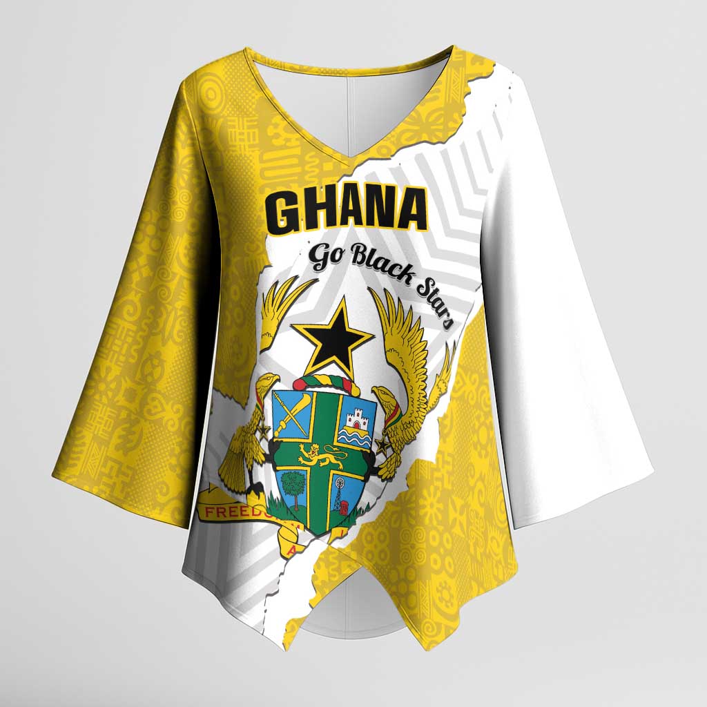 Custom Ghana Football Kimono Sleeve Blouse 2026 Go Black Stars Yellow Adinkra Pattern - Wonder Print Shop