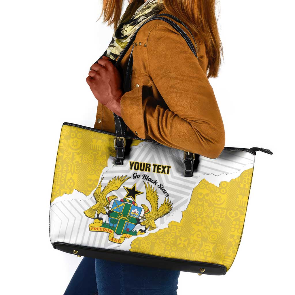 Custom Ghana Football Leather Tote Bag 2026 Go Black Stars Yellow Adinkra Pattern - Wonder Print Shop