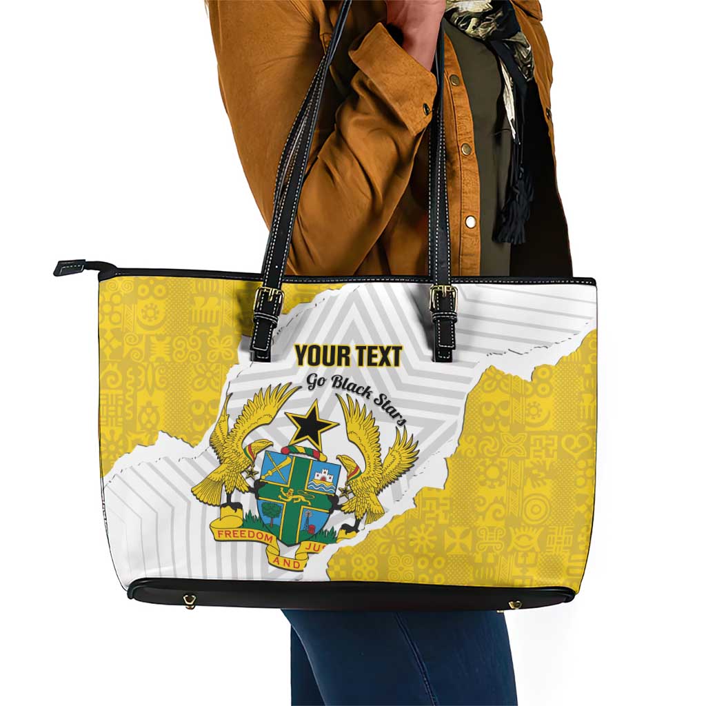 Custom Ghana Football Leather Tote Bag 2026 Go Black Stars Yellow Adinkra Pattern - Wonder Print Shop