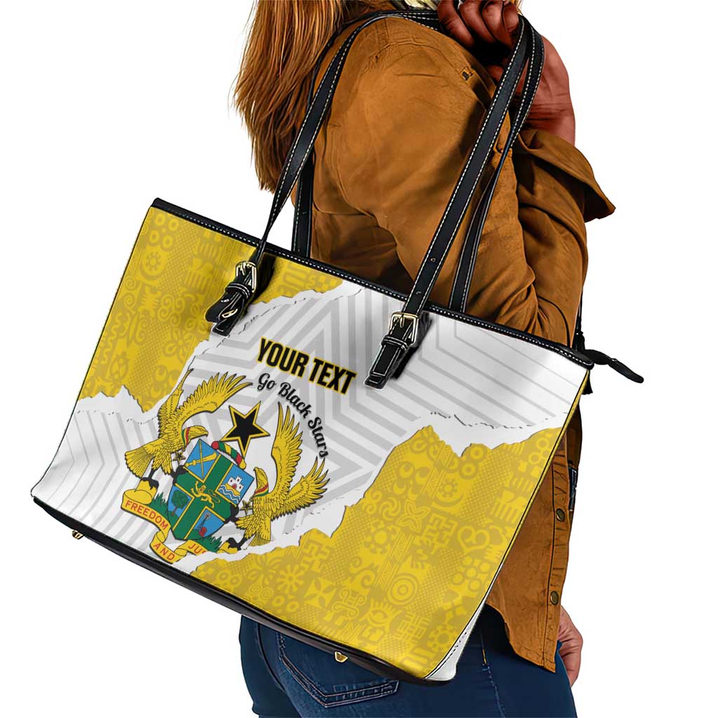 Custom Ghana Football Leather Tote Bag 2026 Go Black Stars Yellow Adinkra Pattern - Wonder Print Shop