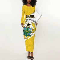 Custom Ghana Football Long Sleeve Bodycon Dress 2026 Go Black Stars Yellow Adinkra Pattern - Wonder Print Shop