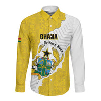 Custom Ghana Football Long Sleeve Button Shirt 2026 Go Black Stars Yellow Adinkra Pattern - Wonder Print Shop