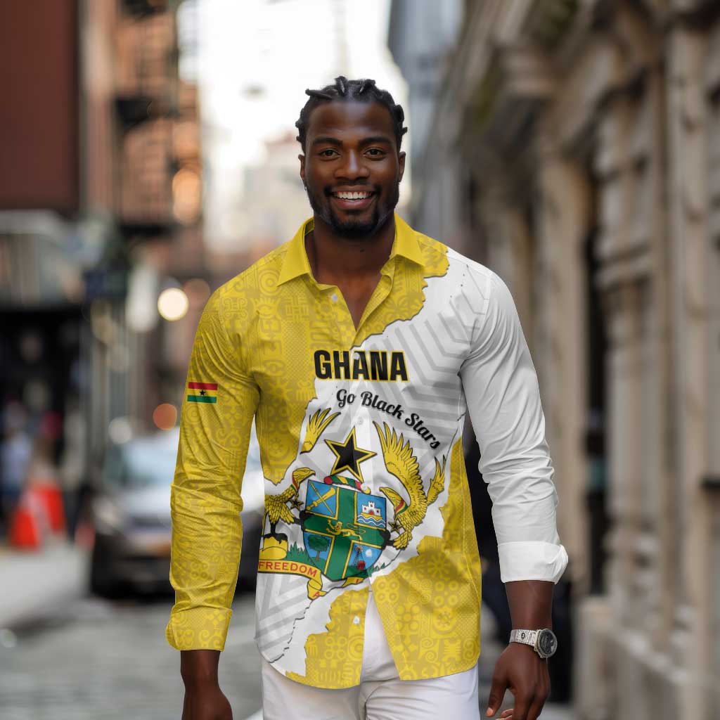 Custom Ghana Football Long Sleeve Button Shirt 2026 Go Black Stars Yellow Adinkra Pattern - Wonder Print Shop