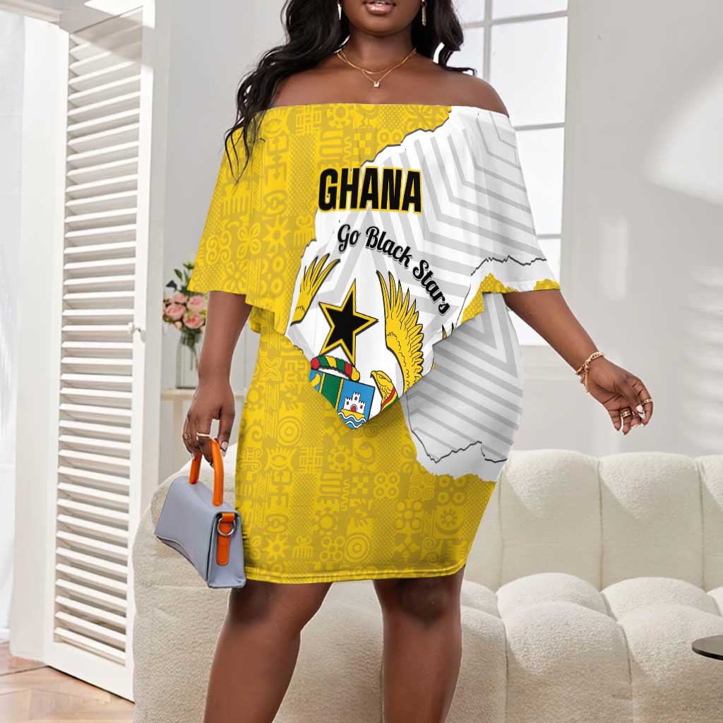 Custom Ghana Football Off Shoulder Short Dress 2026 Go Black Stars Yellow Adinkra Pattern - Wonder Print Shop
