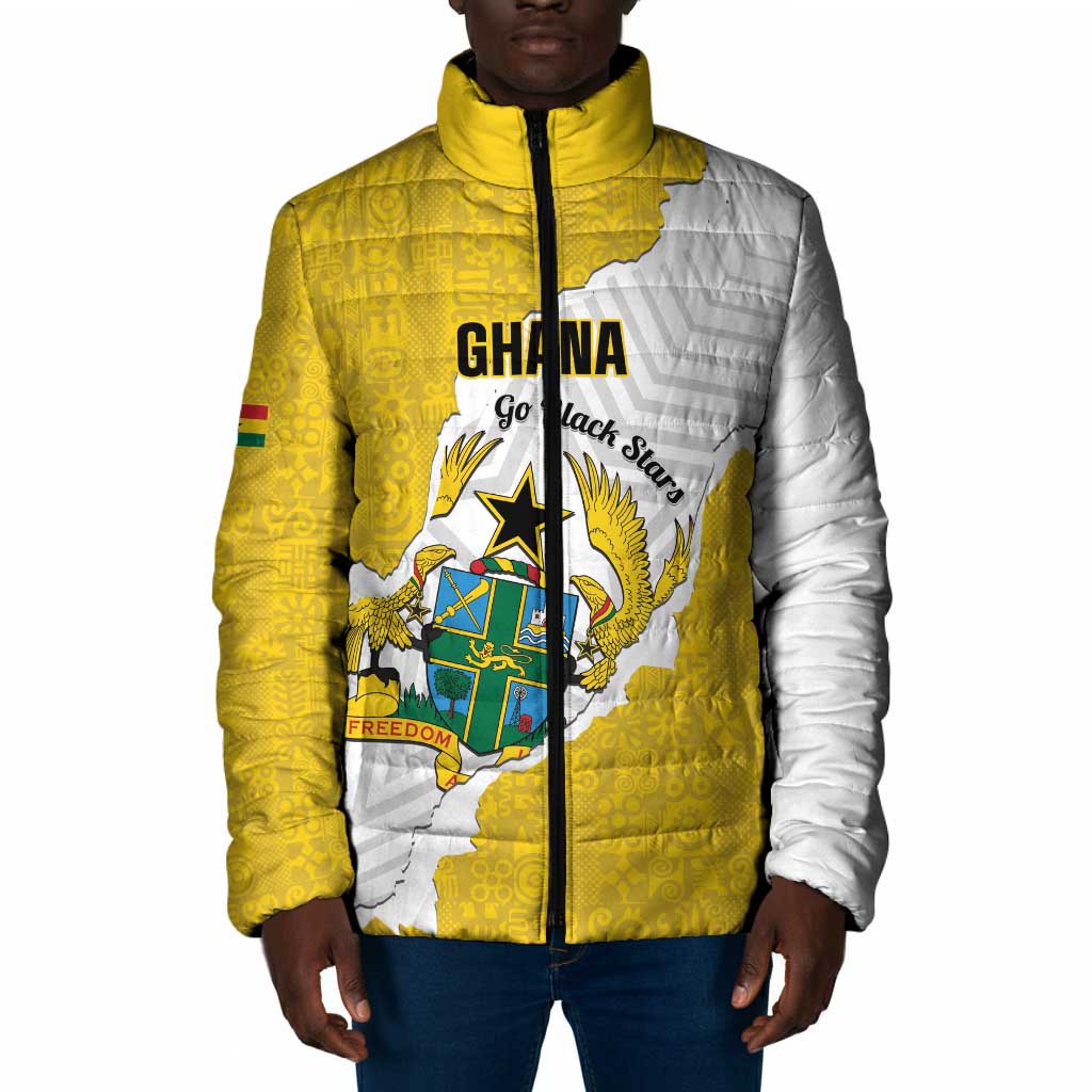 Custom Ghana Football Padded Jacket 2026 Go Black Stars Yellow Adinkra Pattern - Wonder Print Shop