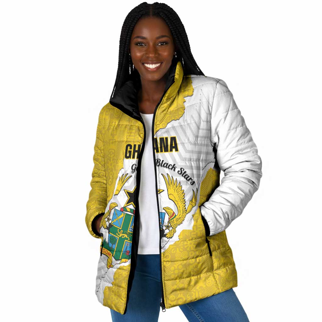 Custom Ghana Football Padded Jacket 2026 Go Black Stars Yellow Adinkra Pattern - Wonder Print Shop