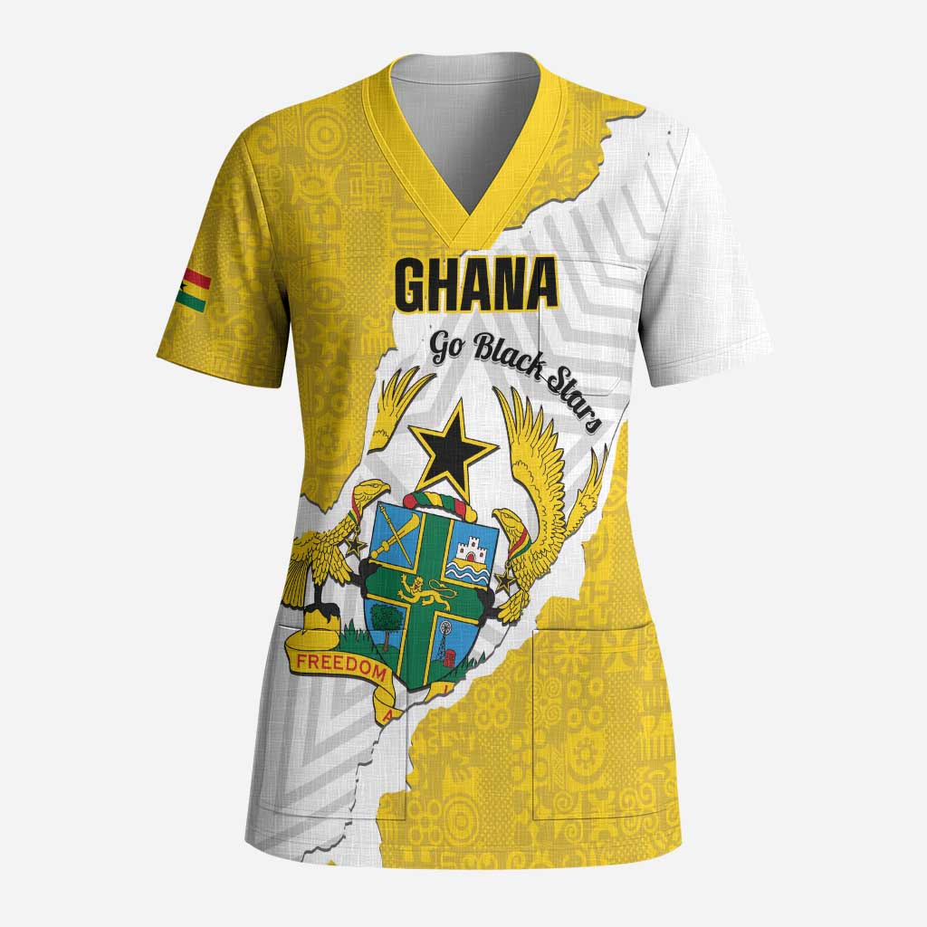 Custom Ghana Football Scrub Top 2026 Go Black Stars Yellow Adinkra Pattern - Wonder Print Shop