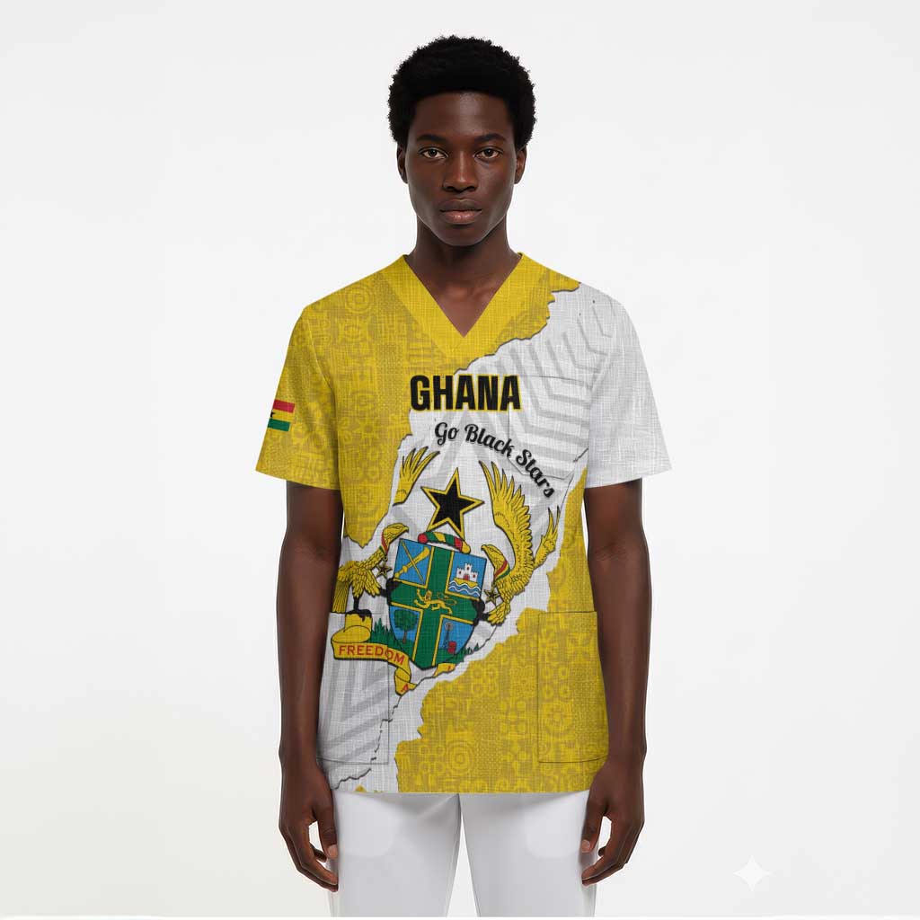 Custom Ghana Football Scrub Top 2026 Go Black Stars Yellow Adinkra Pattern - Wonder Print Shop