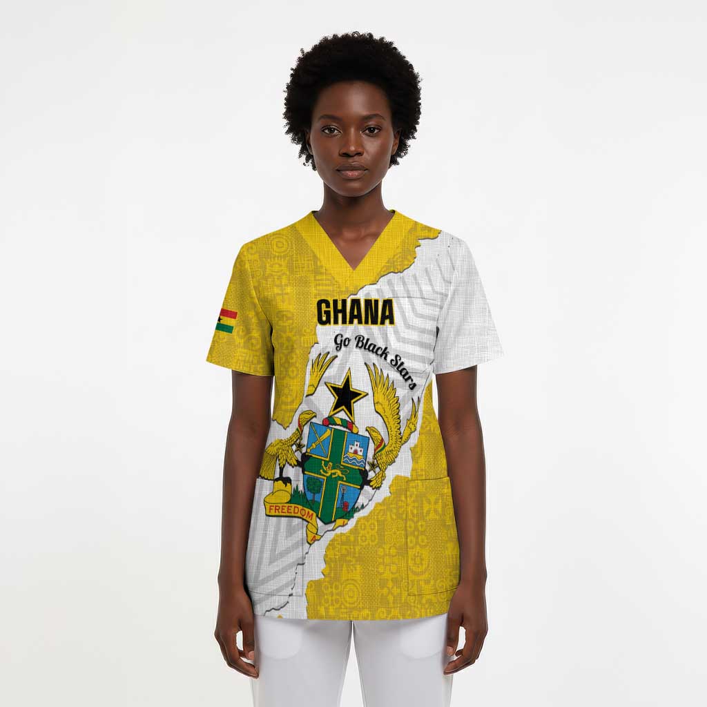 Custom Ghana Football Scrub Top 2026 Go Black Stars Yellow Adinkra Pattern - Wonder Print Shop