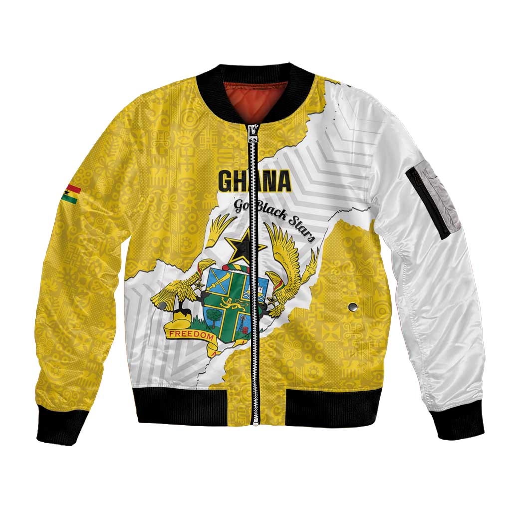 Custom Ghana Football Sleeve Zip Bomber Jacket 2026 Go Black Stars Yellow Adinkra Pattern - Wonder Print Shop
