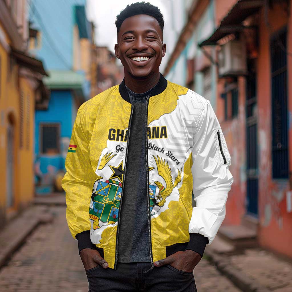 Custom Ghana Football Sleeve Zip Bomber Jacket 2026 Go Black Stars Yellow Adinkra Pattern - Wonder Print Shop