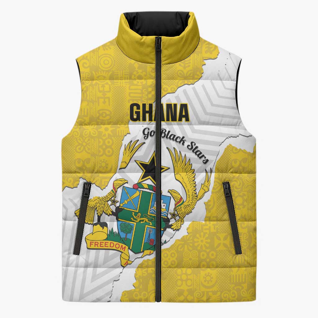 Custom Ghana Football Sleeveless Puffer Jacket 2026 Go Black Stars Yellow Adinkra Pattern - Wonder Print Shop