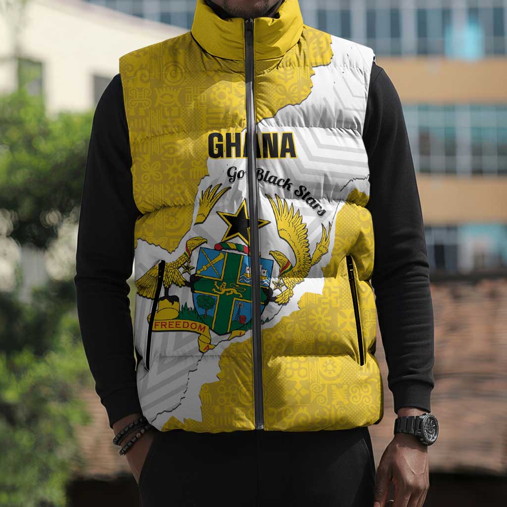 Custom Ghana Football Sleeveless Puffer Jacket 2026 Go Black Stars Yellow Adinkra Pattern - Wonder Print Shop