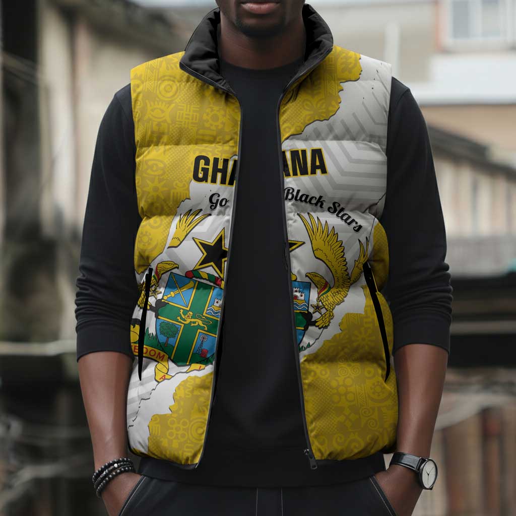 Custom Ghana Football Sleeveless Puffer Jacket 2026 Go Black Stars Yellow Adinkra Pattern - Wonder Print Shop