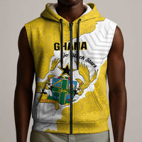 Custom Ghana Football Sleeveless Zip Hoodie 2026 Go Black Stars Yellow Adinkra Pattern - Wonder Print Shop