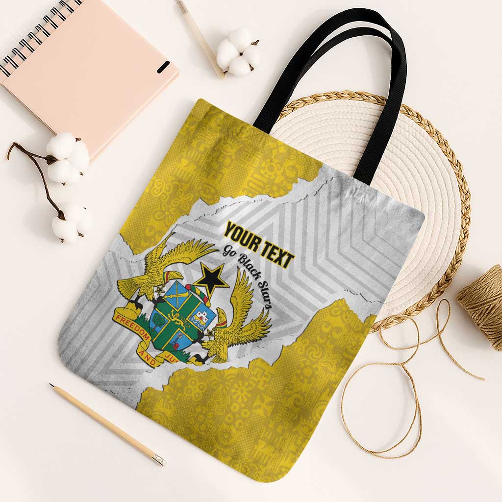 Custom Ghana Football Tote Bag 2026 Go Black Stars Yellow Adinkra Pattern - Wonder Print Shop