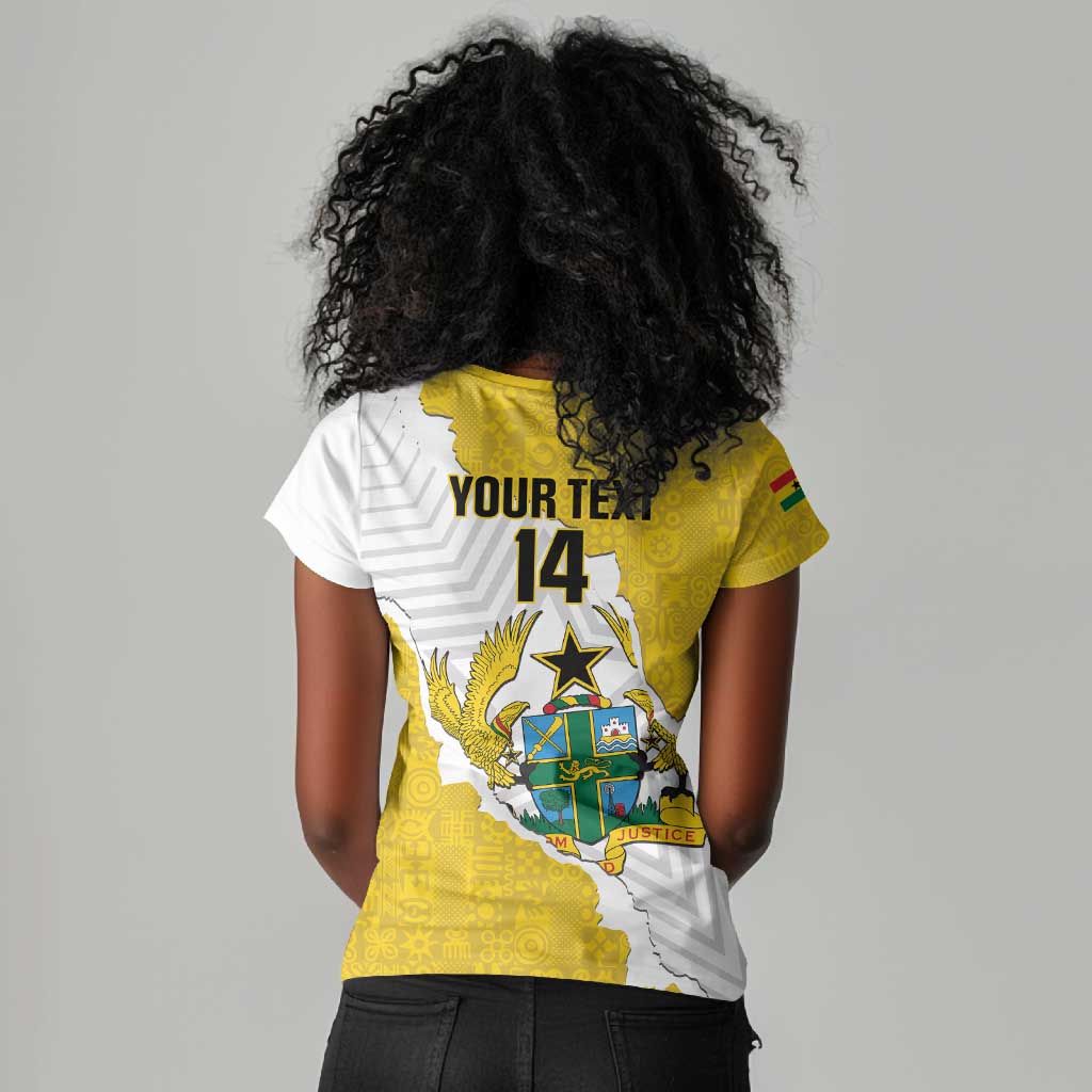 Custom Ghana Football Women V-Neck T-Shirt 2026 Go Black Stars Yellow Adinkra Pattern LT14