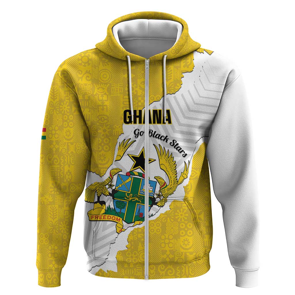 Custom Ghana Football Zip Hoodie 2026 Go Black Stars Yellow Adinkra Pattern - Wonder Print Shop