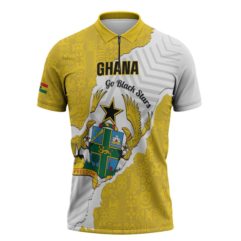 Custom Ghana Football Zipper Polo Shirt 2026 Go Black Stars Yellow Adinkra Pattern - Wonder Print Shop