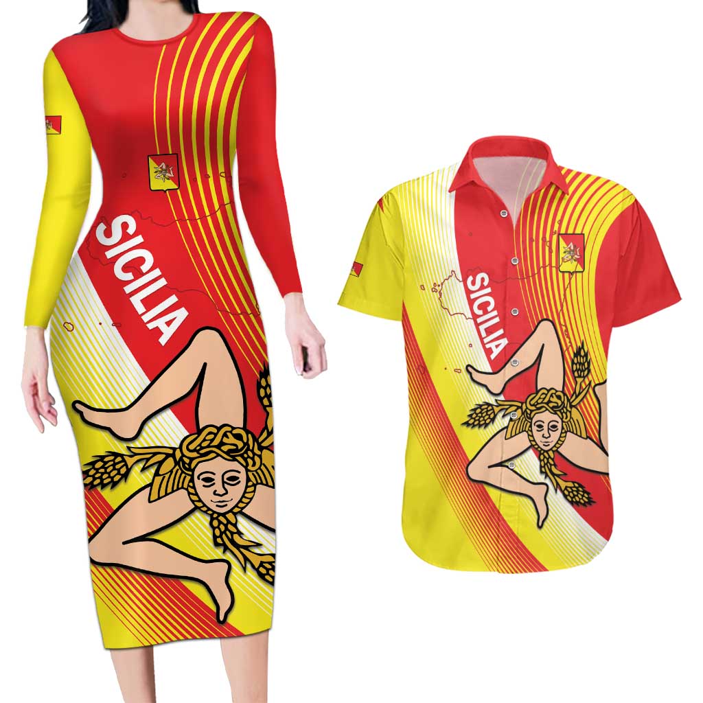 Personalized Sicilia La Trinacria Couples Matching Long Sleeve Bodycon Dress and Hawaiian Shirt Sicilian Map Flag Color