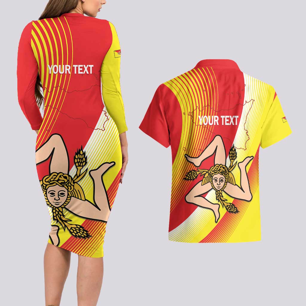 Personalized Sicilia La Trinacria Couples Matching Long Sleeve Bodycon Dress and Hawaiian Shirt Sicilian Map Flag Color
