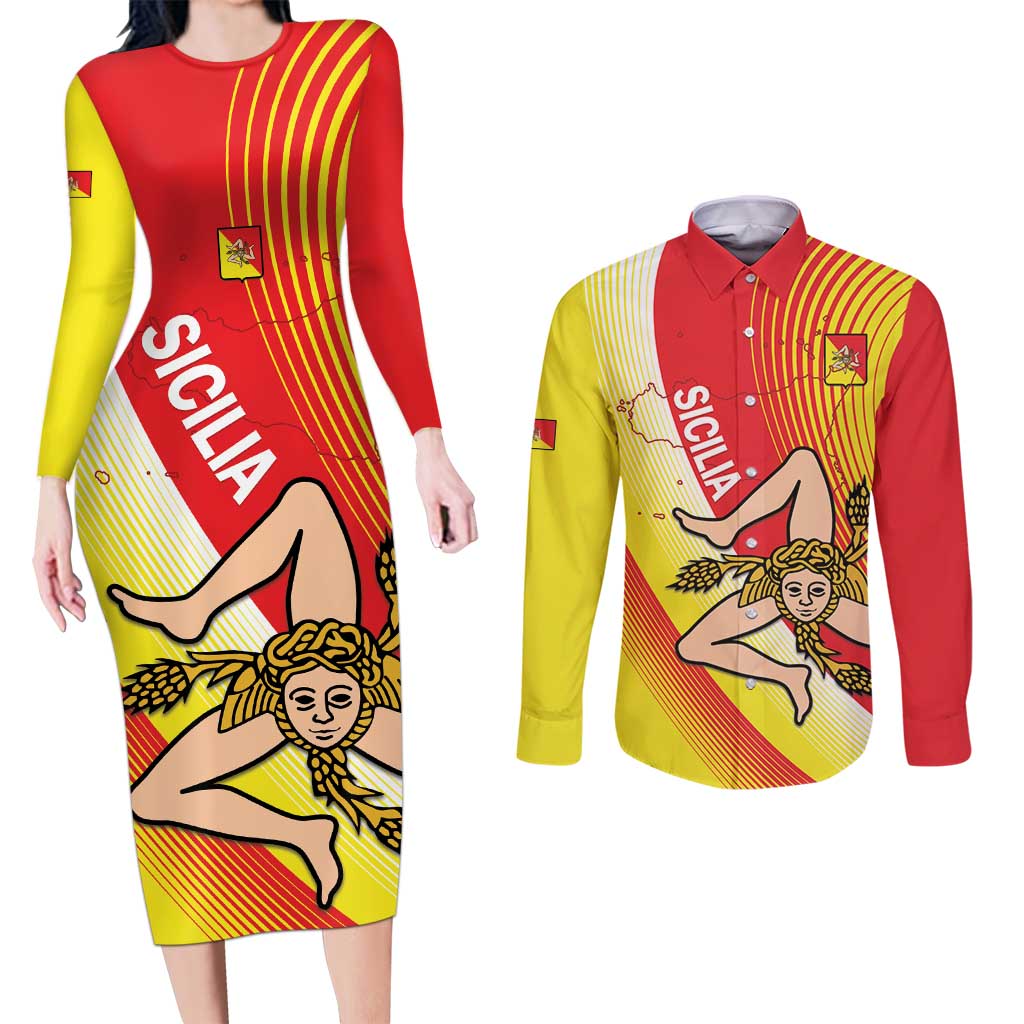 Personalized Sicilia La Trinacria Couples Matching Long Sleeve Bodycon Dress and Long Sleeve Button Shirt Sicilian Map Flag Color