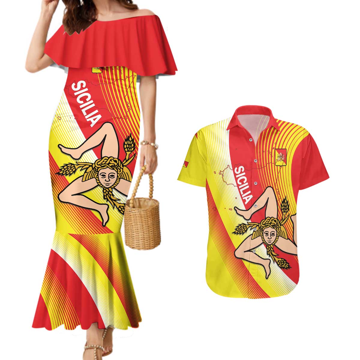 Personalized Sicilia La Trinacria Couples Matching Mermaid Dress and Hawaiian Shirt Sicilian Map Flag Color