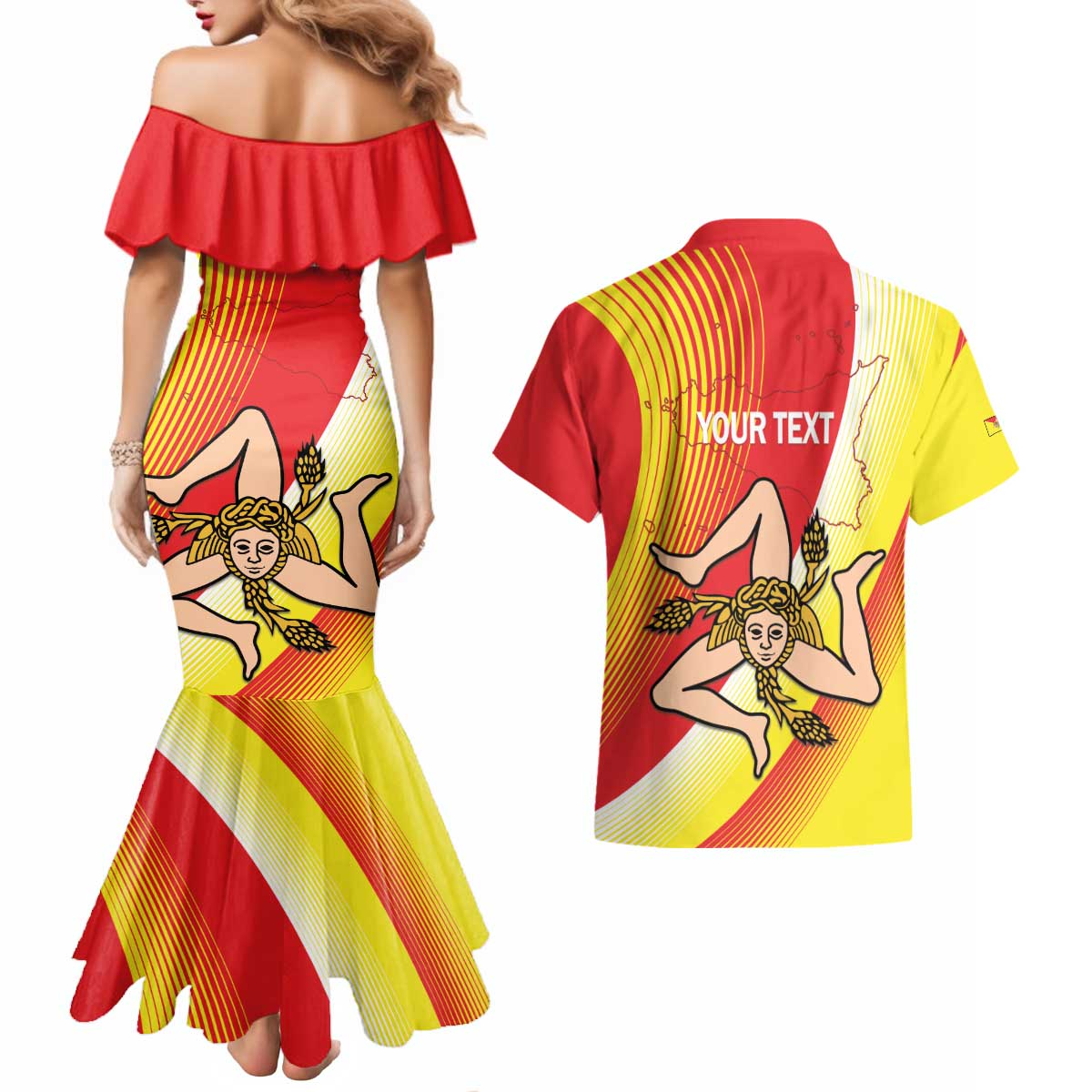 Personalized Sicilia La Trinacria Couples Matching Mermaid Dress and Hawaiian Shirt Sicilian Map Flag Color