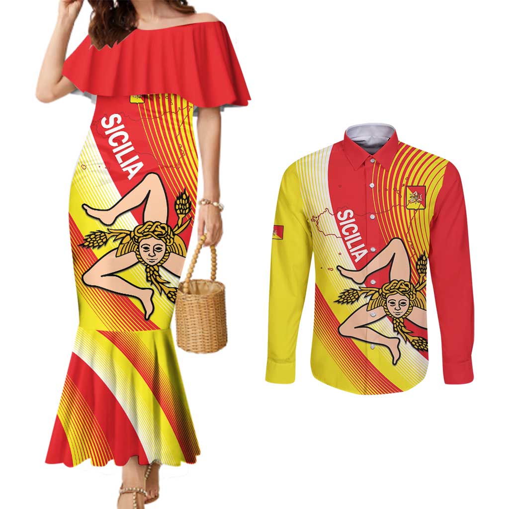 Personalized Sicilia La Trinacria Couples Matching Mermaid Dress and Long Sleeve Button Shirt Sicilian Map Flag Color