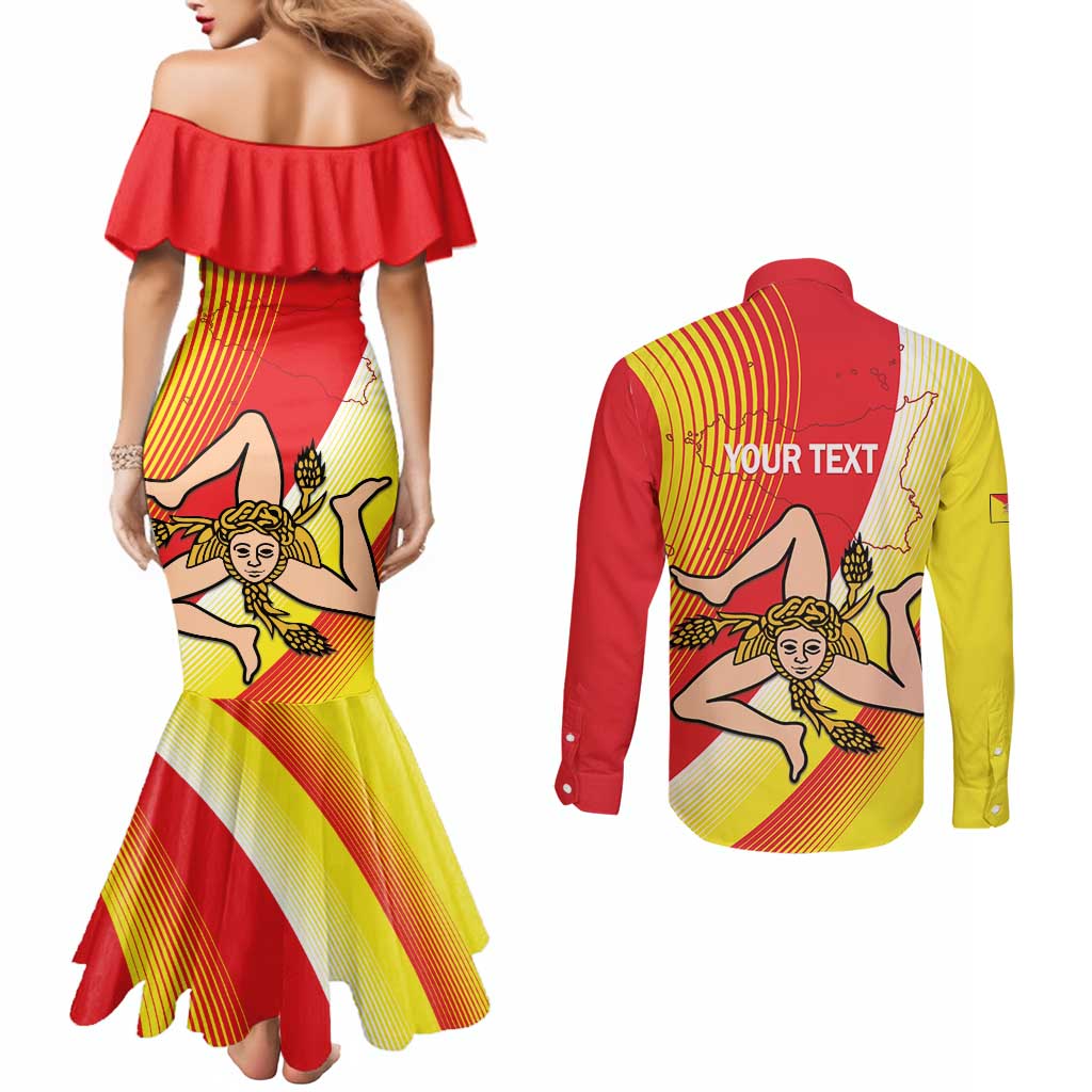 Personalized Sicilia La Trinacria Couples Matching Mermaid Dress and Long Sleeve Button Shirt Sicilian Map Flag Color