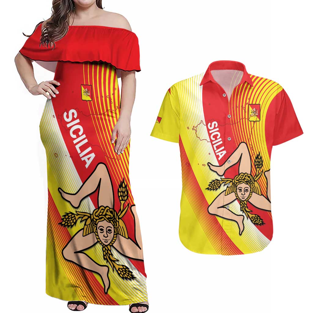 Personalized Sicilia La Trinacria Couples Matching Off Shoulder Maxi Dress and Hawaiian Shirt Sicilian Map Flag Color
