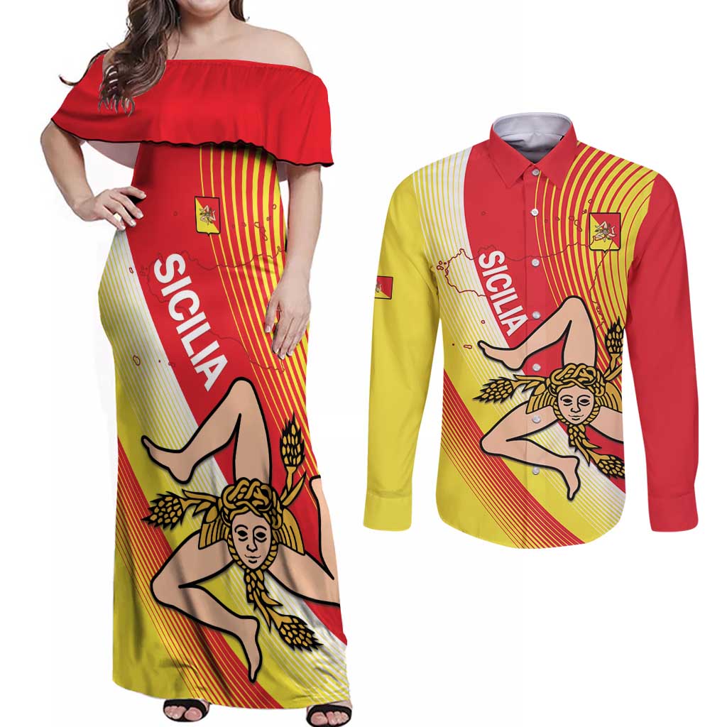 Personalized Sicilia La Trinacria Couples Matching Off Shoulder Maxi Dress and Long Sleeve Button Shirt Sicilian Map Flag Color