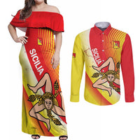Personalized Sicilia La Trinacria Couples Matching Off Shoulder Maxi Dress and Long Sleeve Button Shirt Sicilian Map Flag Color